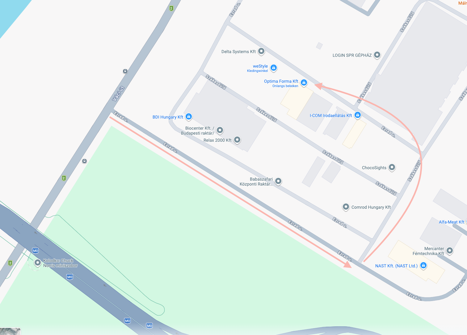 Map of LOGIN Business Park with the route from Ezred utca to Door 89